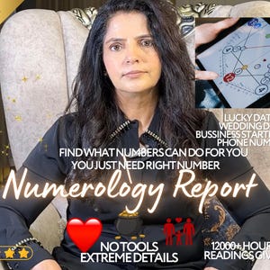 May include: An image promoting a numerology report. The text includes "Numerology Report", "Lucky Dates", and "12000+ Hours Readings Given". The image features a woman seated in a chair with a diagram and text overlay.