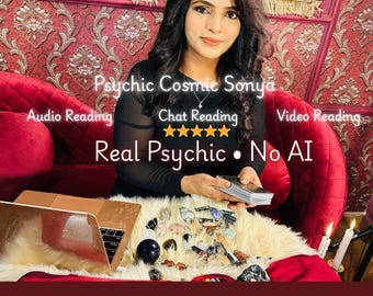 May include: A woman in a black top is seated on a red velvet couch. The image includes text that reads "Psychic Cosmic Sonya", "Audio Reading", "Chat Reading", "Video Reading", "Real Psychic • No AI", and "3 questions detailed psychic reading".