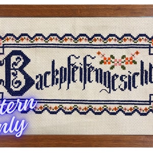May include: Cross stitch pattern for a framed embroidery with the text "Backpfeifengesicht" in a blue and white font with a floral border.