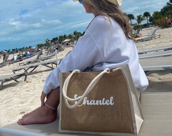 Personalized Burlap Tote Bag, Beach Bag, Girls Trip Bag, Bridesmaid Beach Bag, Beach Bag with Name, Birthday Party Bags, Bachelorette Bags