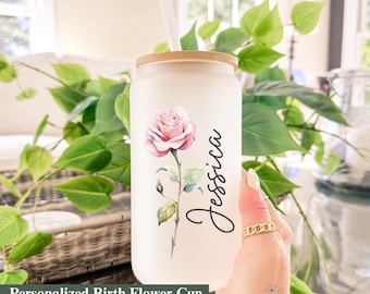 August and September Birth Flower Glass Tumbler, Personalized Name Cup, Birthday Gift