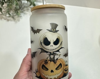 Personalized Pumpkin Glass Tumbler, Frosted Halloween Cup, Spooky Iced Coffee Drinkware