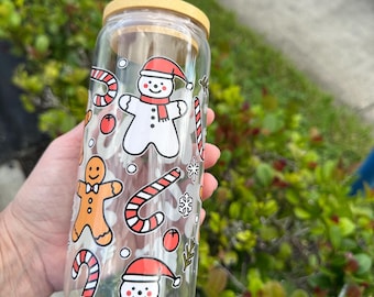 Christmas Glass Cup, Snowman Gingerbread Iced Coffee Tumbler, Personalized Drinkware