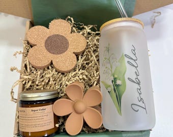 Personalized Birth Flower Gift Box, Custom Name Glass Cup, Just Because Present