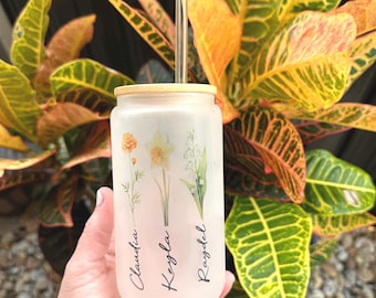 Personalized Grandma Birth Flower Glass Cup with Grandkids Names, Custom Nana Gift