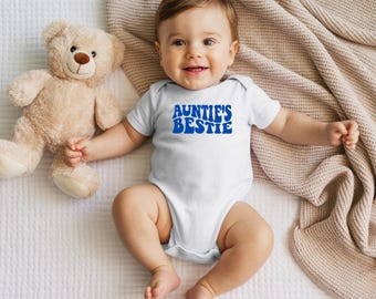 Auntie’s Bestie Baby Onesie with puff design-Personalized Pregnancy Announcement Baby Onesies-Aunt Reveal Gift