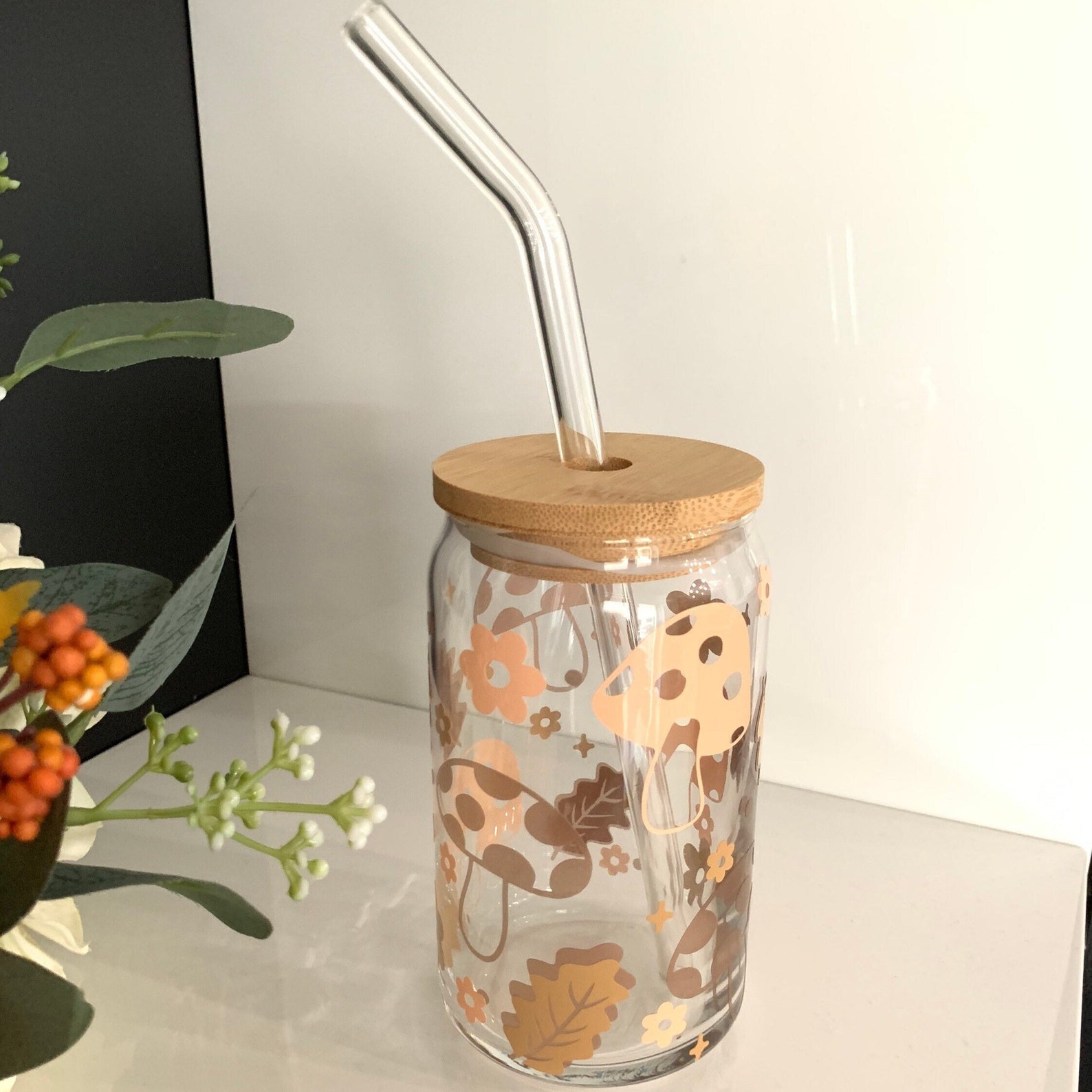 Mushroom Glass Can, Iced Coffee Cup, Personalized Gifts, Fall Mushrooms Tumbler,mushroom Retro