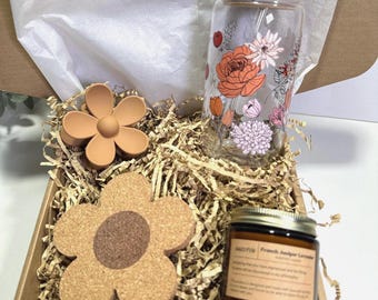 Floral Glass Cup Gift Set, Boho Self Care Box, Birthday Fall Present