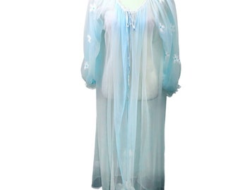 Vintage Miss Elaine Light Blue 60’s Chiffon Floral Embroidered Sheer Robe