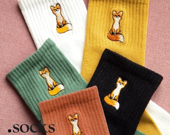 Fox Cute Embroidery Crew Socks | Birthday Present | Gift For Her | Christmas Present Gift | Womens Socks | Animal Socks Summer Spring