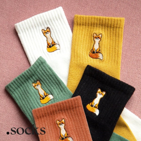 Fox Cute Embroidery Crew Socks | Birthday Present | Gift For Her | Christmas Present Gift | Womens Socks | Animal Socks Valentine's day Gift