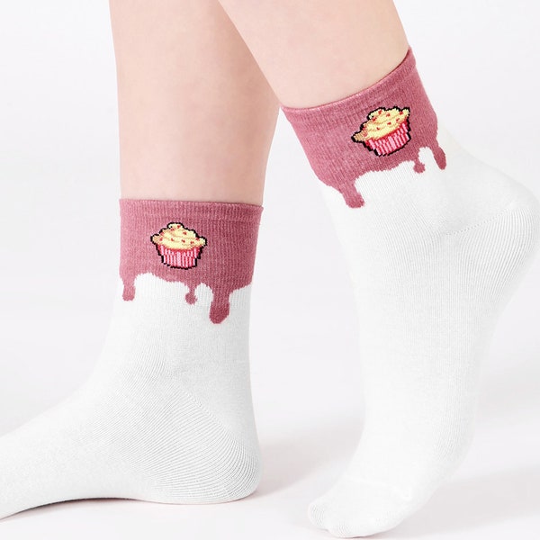 Cupcake Heart Kawaii Mini Crew Socks | Gift For Her | Womens Socks | Happy Socks | Girlfriend Gift | Birthday | Valentine's day Gift