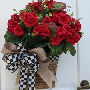 Basket of Red Geraniums, Door Basket, Wall Basket, Porch Basket, Eucalyptus, Beach Basswood, Farmhouse Wreath, Traditional Wreath,