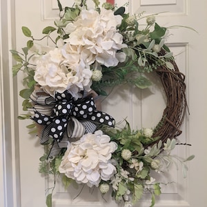 Hydrangea Wreath Large White Blooms Summer Wreath All Season Wreath Everyday Wreath  Birthday Gift Housewarming gift Sympathy Gift Black Bow