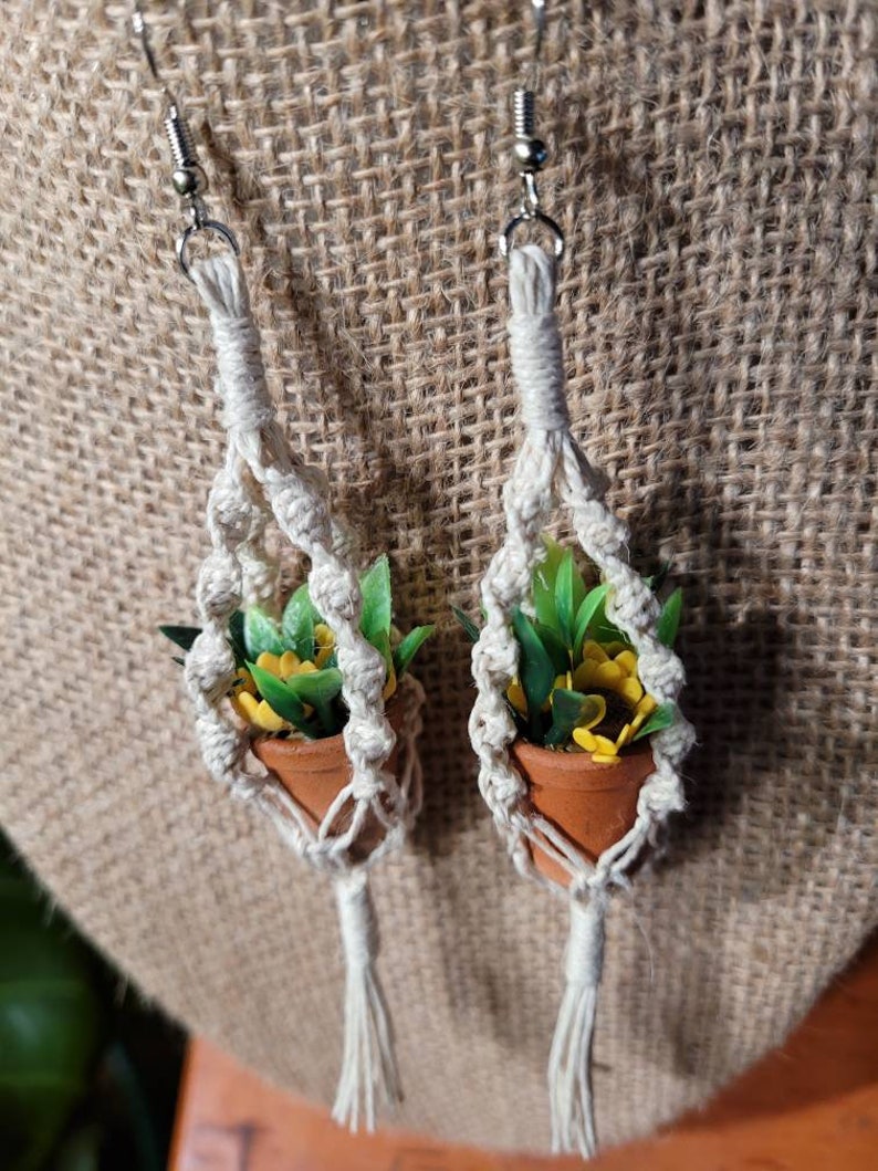 Hanging macrame mini plant hanger sunflower potted plant earrings