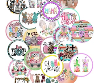 May include: A collection of 20 round Easter-themed sublimation designs featuring bunnies, gnomes, eggs, and cross designs. The designs are in various colors, including pink, purple, blue, green, yellow, and brown. The designs are perfect for creating custom t-shirts, mugs, tote bags, and other crafts.