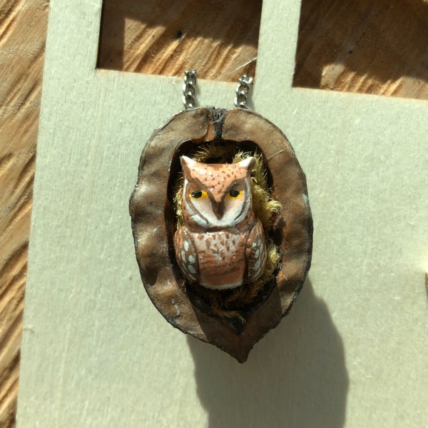 Animal Totem: Horned Owl Inside a Walnut Pendant
