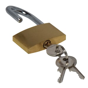 May include: A brass padlock with a silver shackle and two keys. The padlock is unlocked and the keys are attached to the shackle.