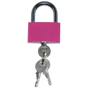 Puede incluir: Un candado rosa con dos llaves plateadas. El candado tiene un grillete plateado y un cuerpo plateado.