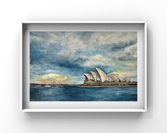 Fine Art Print | Sydney | Australia | Landscape painting | Sydney Opera House | Watercolour | Wall Art (Unframed)