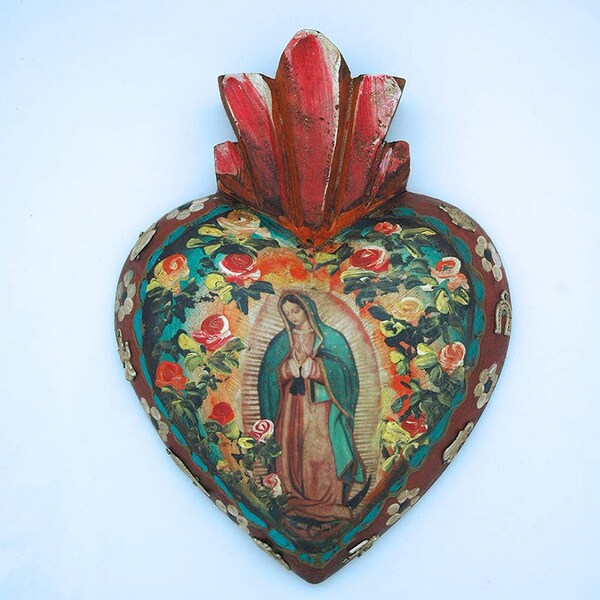 Mexican Guadalupe Painted Wood Heart Wall Art