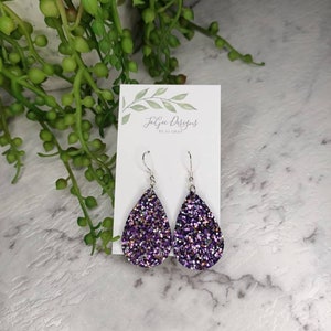 Purple mini glitter drops, glitter earrings, faux leather earrings