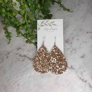 Rose gold, Large glitter drops, glitter earrings, faux leather earrings