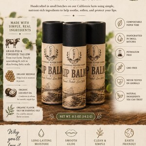 Grass-Fed Tallow Lip Balm | Natural Lip Balm | Paper Tube | Handmade Lip Balm | Calaveras River Farms l Made with Organic Ingredients image 2