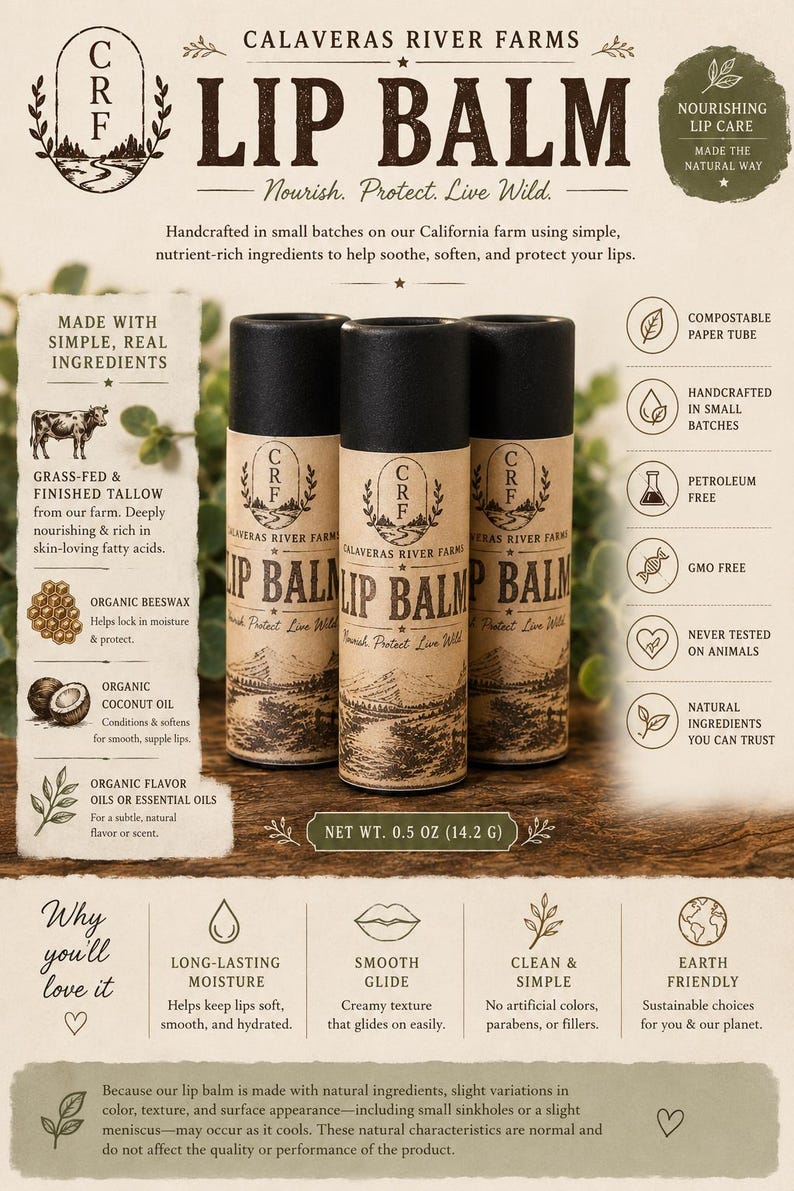 Grass-Fed Tallow Lip Balm | Natural Lip Balm | Paper Tube | Handmade Lip Balm | Calaveras River Farms l Made with Organic Ingredients image 2