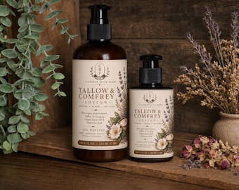 May include: Two amber plastic bottles with black pump dispensers containing Tallow & Comfrey lotion. The labels feature botanical illustrations, the text Calaveras River Farms, and state 8 fl oz 236 ml and 4 fl oz 118 ml respectively.