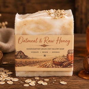 Puede incluir: Una pastilla de jabón rectangular de color blanco roto con avena en la parte superior. La etiqueta de papel dice Oatmeal & Raw Honey, Handcrafted Grass-Fed Tallow Soap, Hydrate, Renew, Nourish, con una ilustración de granja, avena y miel.