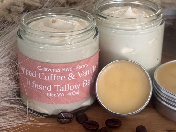 Organic Coffee & Vanilla Bean Infused Grass Fed Whipped Tallow Balm l Body Butter USDA Certified Grass Fed Tallow  Tallow Skincare Lotion