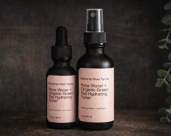 Rose Water + Green Tea Hydrating Toner | Facial Mist | Aloe + Hyaluronic Acid | Calming Face Toner | Natural Skincare | Small Batch