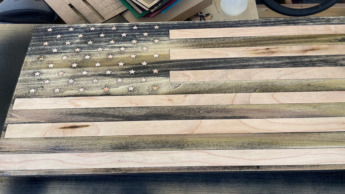 Rustic American Flag With Wood Inlay Etsy