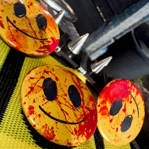 Painted Bloody Happy Face Metal Pin-Back Button / Badge ( 1.5 inch )