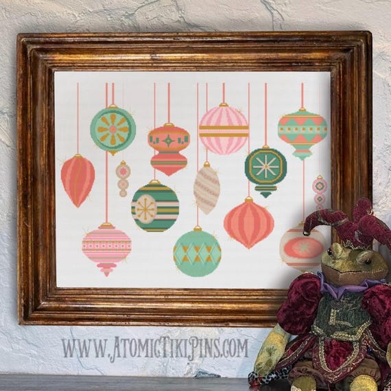Cross Stitch Pattern:  Midcentury Christmas Ornaments Pink Colorway