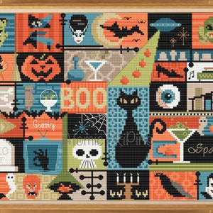 Midcentury Modern Halloween Collage Cross Stitch Pattern
