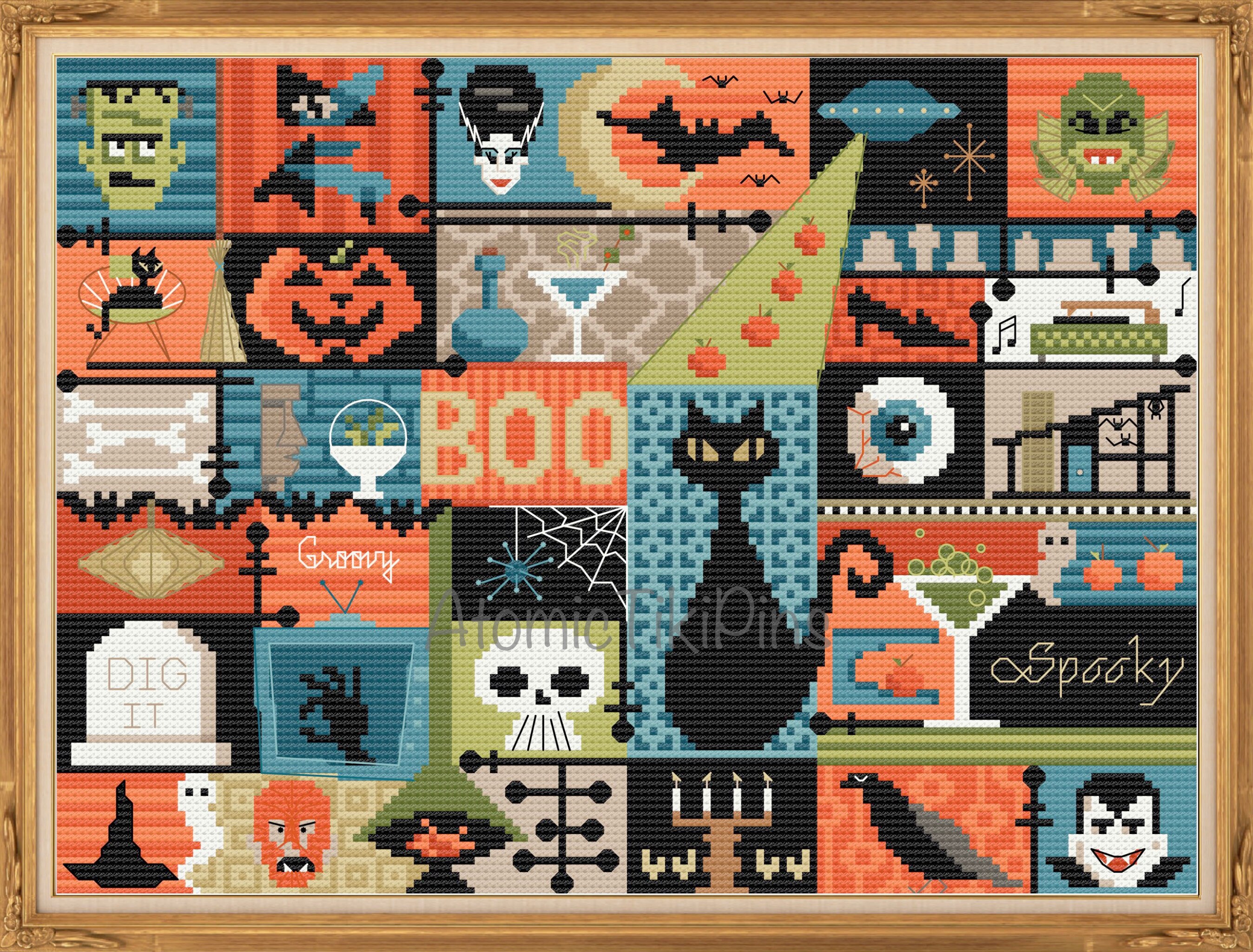 Midcentury modern Halloween collage kruissteekpatroon