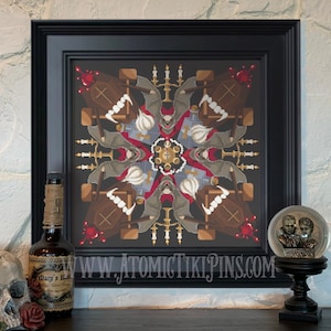 May include: A framed black and white pixel art print of a symmetrical design featuring bats, crosses, candles, and other gothic imagery. The print is framed in a black frame and is displayed on a table with a bottle of rum and a snow globe.