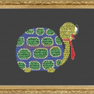 May include: A cartoon turtle with a green and blue shell, wearing a red tie and glasses. The turtle is on a dark grey background.