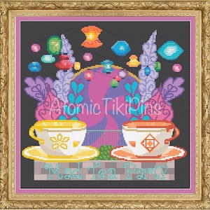 Mad Hatter Tea Party Teacups Attraction Crest Cross Stitch Pattern PDF