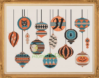 Vintage kruissteekpatroon Halloween-ornamenten uit het midden van de eeuw