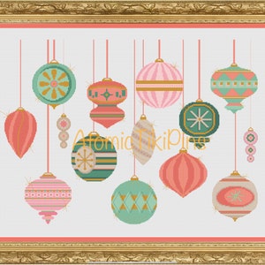 Cross Stitch Pattern:  Midcentury Christmas Ornaments Pink Colorway