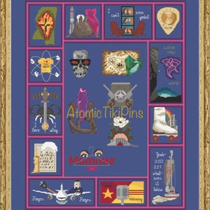 May include: A cross-stitch pattern featuring a variety of colorful images and text, including "Atomic TikiPins", "Love You Wife", "I Love Texic Waste", "Roger", "Morning", "Yeah 220 221 Whatever It Takes", and "Memories".