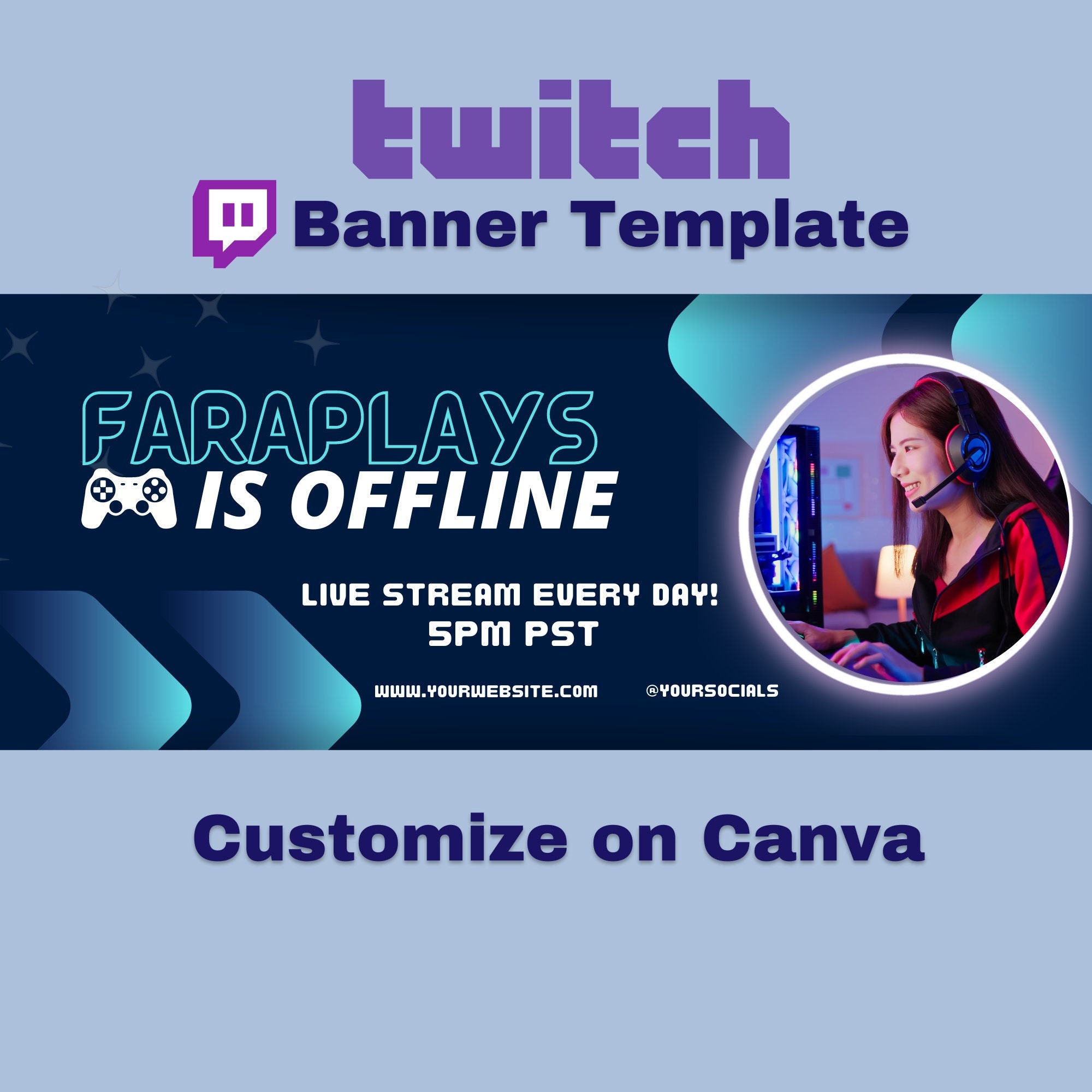 Twitch Banner Blue Twitch Banner Gamer Girl Twitch Banner Overlay for