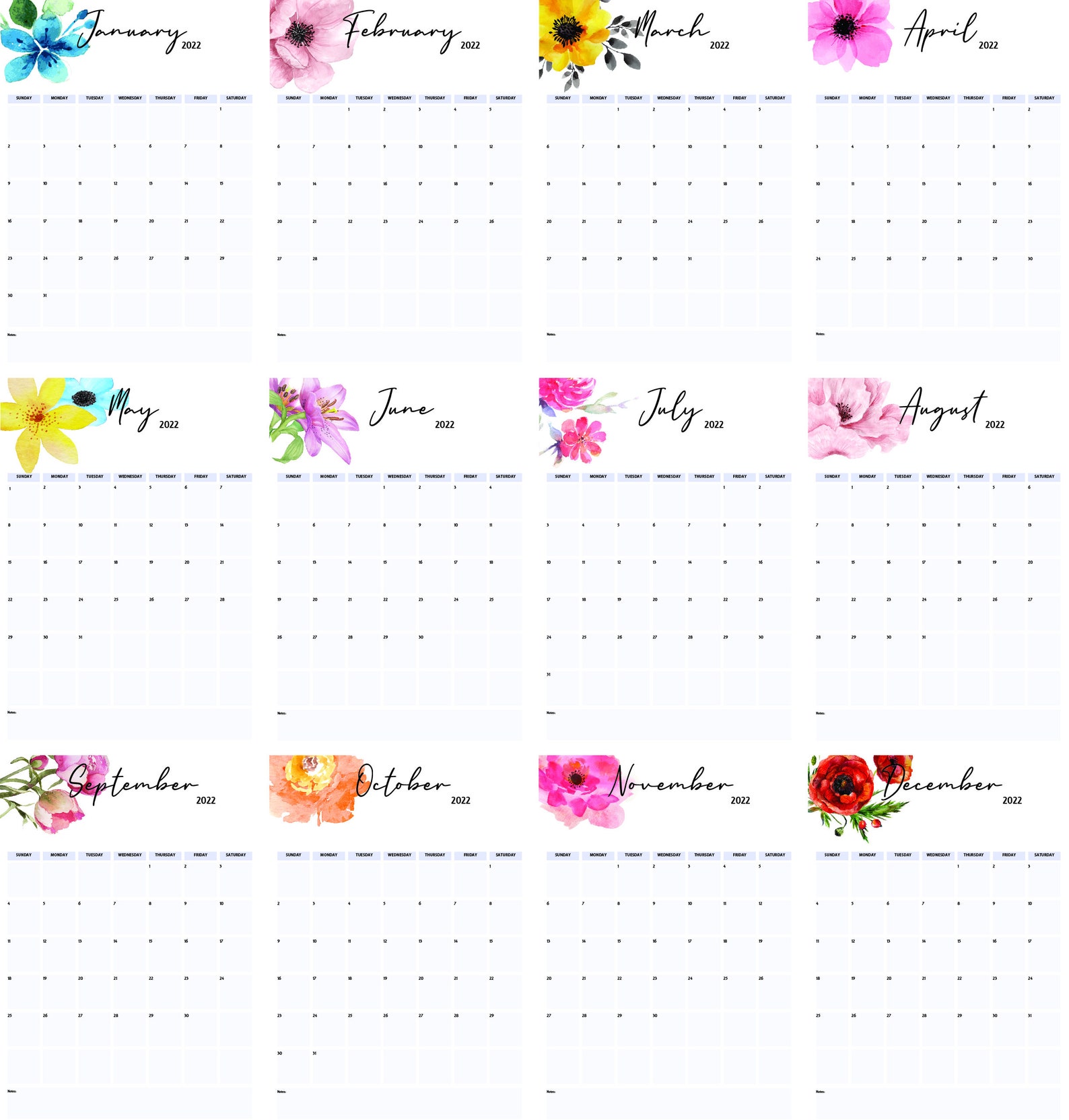 2022 calendar printable download etsy