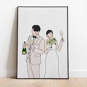 Korea Style Custom Portrait, Colored Pencil Portrait, Cute Cartoon Illustration, Personalized Print, wedding illustration