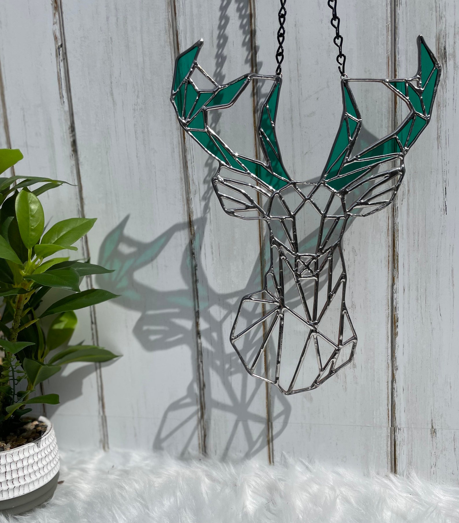 Deer Stained Glass Suncatcher Geometric Turquoise Crystal Etsy
