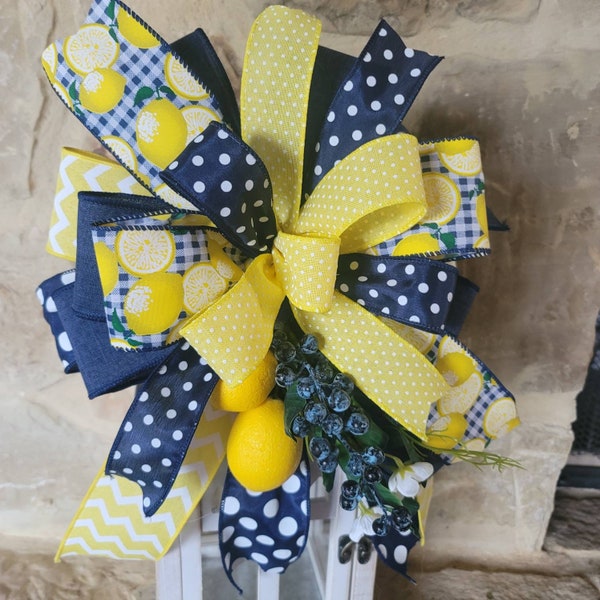 Blueberry lemonade wreath bow, Lemon Lantern swag bow, lemon blueberry door hanger bow, farmhouse blue yellow mailbox bow