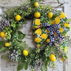 Lemon and blue berry everyday wreath, farmhouse greenery front door wreath with fruit, kitchen wreath